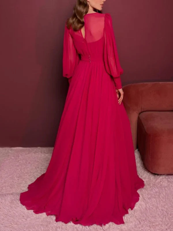 Luolandi A-Line Deep V-Neck Long Sleeves Floor-Length Evening Dress with Ruffles Solid Color